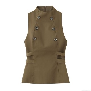 Women's Sleeveless Top Double Breasted Vest Polyester Boat Neck Waist Cutout Casual Streetwear American Style Blouse For Daily Wear