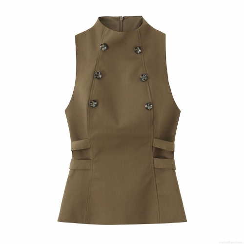 Women's Sleeveless Top Double Breasted Vest Polyester Boat Neck Waist Cutout Casual Streetwear American Style Blouse For Daily Wear