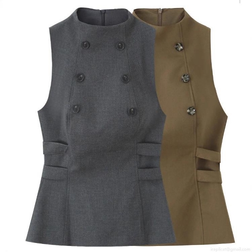Women Sleeveless Double Breasted Vest Top Polyester Twill High Neck Side Cutout Straps Slim Fit Back Zipper Waistcoat For Office Daily Wear Fashion Lady
