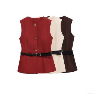 Women's Solid Color Sleeveless Vest Top With Detachable Belt And Gold Metal Buttons Elegant Polyester Slim Fit Office Waistcoat For Ladies