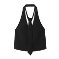 Women Sexy Halter Tank Top With Detachable Tie Decor Backless Sleeveless Slim Fit Crop Top For Party Nightclub Solid Color Polyester Vest Top