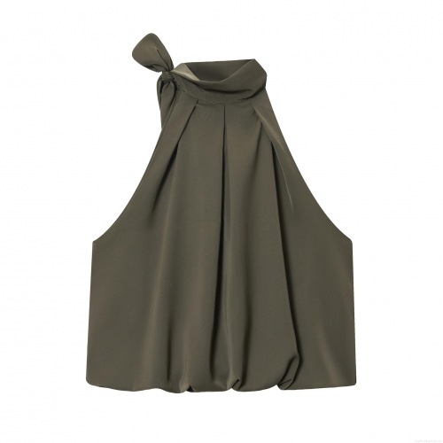 Women's Sexy Halter Neck Top Elegant Bow Tie Pleated Sleeveless Blouse Satin Look Polyester Camisole For Party Club Summer Slim Fit Top