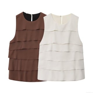 Women's Elegant Ruffle Sleeveless Top Layered Chiffon Tank Top Solid Color Round Neck Pullover Blouse For Summer Casual Party Clothing