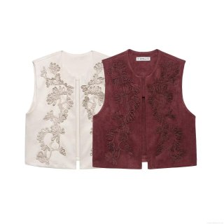 Women's Vintage Embroidered Suede Vest Open Front Sleeveless Waistcoat Bohemian Floral Embroidery Jacket Cream Wine Red Polyester Outerwear For Women