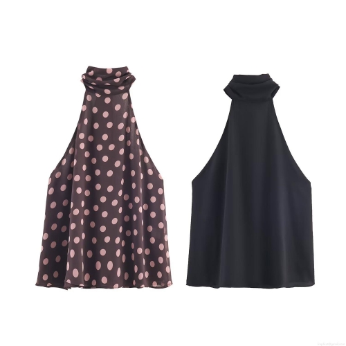 Women Sexy Chiffon Halter Neck Top With Bow Decoration Sleeveless Polka Dot Printed Slim Fit Summer Blouse For Party Clubwear