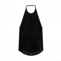 Sexy Women Black Velvet Halter Neck Top Ruched Flounce Hem Backless Sleeveless Camisole Party Clubwear Streetwear Top