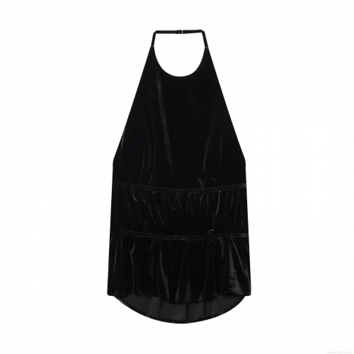 Sexy Women Black Velvet Halter Neck Top Ruched Flounce Hem Backless Sleeveless Camisole Party Clubwear Streetwear Top
