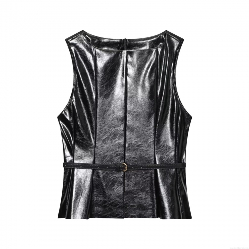 Women's Faux Leather Sleeveless Top With Belt Chic Black PU Leather Round Neck Peplum Waist Vest For Party Daily Streetwear Ladies Elegant Fashion
