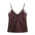 Women Sexy Satin Lace Camisole V Neck Adjustable Spaghetti Strap Sleeveless Tank Top Solid Color Slim Fit Shirt For Club Party Dating Streetwear