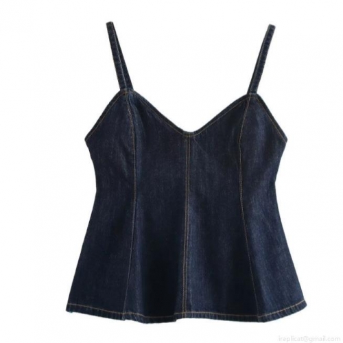 Women's Dark Blue Denim Camisole Top With V-Neck And Peplum Hem Back Zipper Design Sexy Streetwear Sleeveless Slim Fit Denim Tank Top For Casual Party