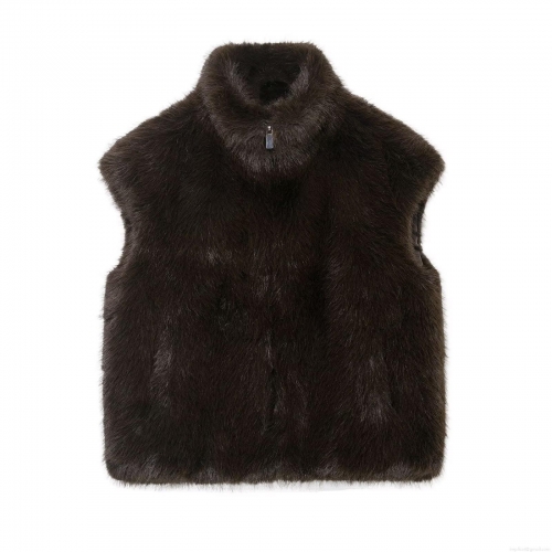 Fashion Women's Faux Fur Vest Sleeveless Stand Collar Metal Zipper Solid Deep Brown Warm Waistcoat For Autumn Winter Outdoor Casual Streetwear