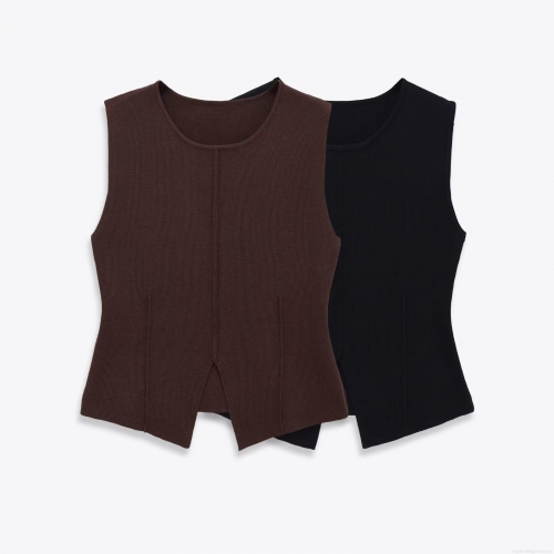 Women's Ribbed Knit Tank Top Round Neck Split Hem Sleeveless Slim Fit Polyester Vest Sexy Solid Color Casual Chic Summer Streetwear Top For Ladies