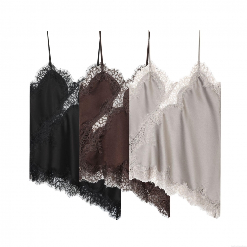 Sexy Lace Trim Satin Camisole Top For Women V-Neck Spaghetti Strap Asymmetric Hem Sleeveless Streetwear Fashion Lingerie Style Summer Party Clubwear