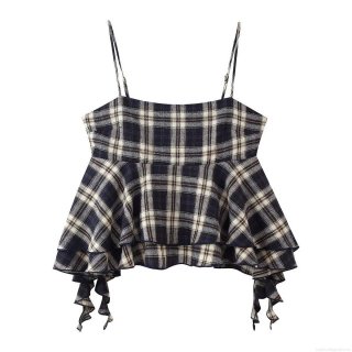 Women's Plaid Peplum Camisole Top Polyester Acrylic Tiered Sleeveless Square Neck Tank Top Summer Streetwear Sexy Club Party Clothing