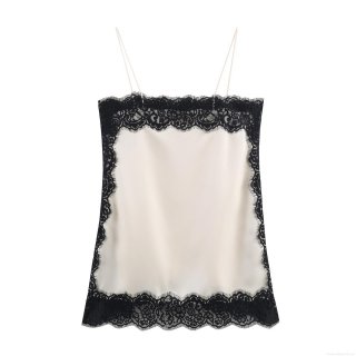 Women Sexy Satin Cami Top With Black Eyelash Lace Trim Sleeveless Polyester Silk Texture Tank Top For Club Party Summer Casual