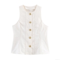 Women's Sexy Contrast Stitching Sleeveless Crop Top Vest Button Down White Polyester Woven Tank Top for Summer Party Celebrity Style Hot Girl Outfit