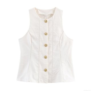 Women's Sexy Contrast Stitching Sleeveless Crop Top Vest Button Down White Polyester Woven Tank Top for Summer Party Celebrity Style Hot Girl Outfit
