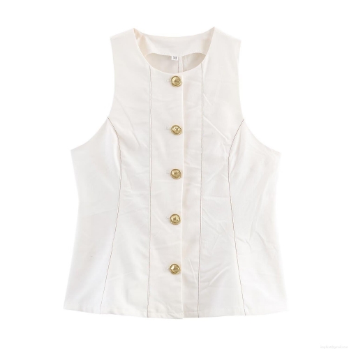 Women's Sexy Contrast Stitching Sleeveless Crop Top Vest Button Down White Polyester Woven Tank Top for Summer Party Celebrity Style Hot Girl Outfit