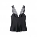 Sexy Black Lace Patchwork Polyester Satin Camisole Top For Women V Neck Sleeveless Backless Slim Fit Tank Top Elegant Socialite Style Summer Party Top
