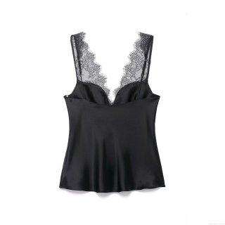 Sexy Black Lace Patchwork Polyester Satin Camisole Top For Women V Neck Sleeveless Backless Slim Fit Tank Top Elegant Socialite Style Summer Party Top