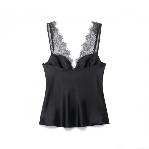 Sexy Black Lace Patchwork Polyester Satin Camisole Top For Women V Neck Sleeveless Backless Slim Fit Tank Top Elegant Socialite Style Summer Party Top