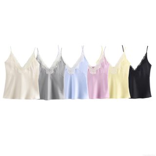 Women's V Neck Lace Trim Satin Camisole Sexy Sleeveless Solid Color Tank Top For Party Clubwear Summer Casual Polyester Blouse