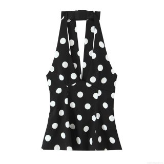 Women Halter V Neck Polka Dot Top Sexy Slim Fit Peplum Sleeveless Shirt For Party Summer Fashion Retro Elegant Polka Dot Blouse