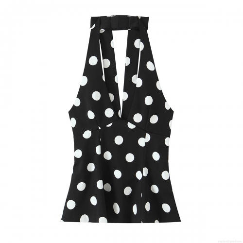 Women Halter V Neck Polka Dot Top Sexy Slim Fit Peplum Sleeveless Shirt For Party Summer Fashion Retro Elegant Polka Dot Blouse