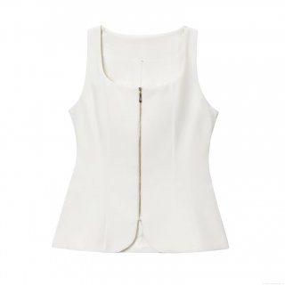 Women's Slim Fit White Square Neck Tank Top Minimalist Sleeveless Polyester Vest With Front Metal Zipper For Party Clubwear Daily Wear