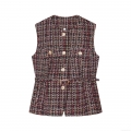 Women's Vintage Tweed Vest Elegant Plaid Sleeveless Tank Top With Gold Buttons And Belt Classic Knit Outerwear For Office Party Casual Wear