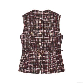 Women's Vintage Tweed Vest Elegant Plaid Sleeveless Tank Top With Gold Buttons And Belt Classic Knit Outerwear For Office Party Casual Wear