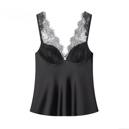 Sexy Black Satin Camisole With Lace Trim V Neck Sleeveless Backless Tank Top For Women Fashion Slim Fit Clubwear Party Strappy Blouse