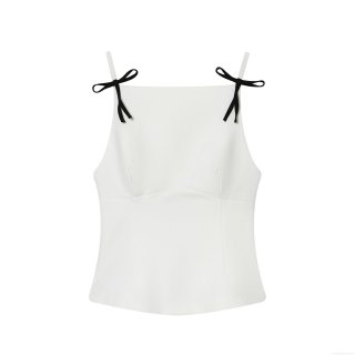Women's Sexy White Cami Top With Black Bow Straps Peplum Hem Slim Fit Stretch Fabric Sleeveless Streetwear Fashion Top For Party Date