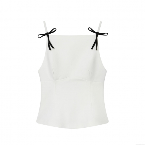 Women's Sexy White Cami Top With Black Bow Straps Peplum Hem Slim Fit Stretch Fabric Sleeveless Streetwear Fashion Top For Party Date