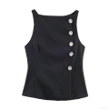 Women Sexy Black Sleeveless Top With Large Elegant Rhinestone Buttons Slim Fit Tank Top For Party Club Evening Wear Celebrity Style Fashion Blouse