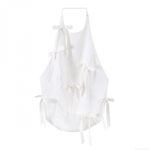 Women's Sexy Bow Halter Neck Top Sweet Off-White Backless Camisole Aesthetic Sleeveless Woven Crop Top for Summer Party Streetwear