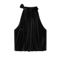 Women Sexy Velvet Halter Top Bow Backless Sleeveless Tank Top Elegant Party Clubwear Black Slim Fit Evening Blouse