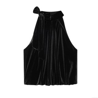 Women Sexy Velvet Halter Top Bow Backless Sleeveless Tank Top Elegant Party Clubwear Black Slim Fit Evening Blouse