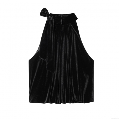 Women Sexy Velvet Halter Top Bow Backless Sleeveless Tank Top Elegant Party Clubwear Black Slim Fit Evening Blouse