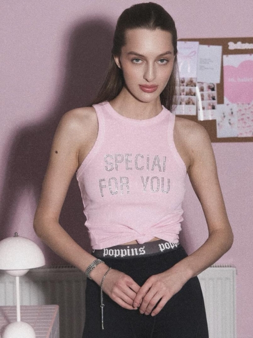 Women's Y2K Cotton Spandex Ribbed Tank Top With Crystal Rhinestone Letters Distressed Slim Fit Sleeveless Vest Streetwear Casual Top