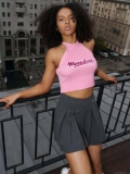Women Halter Knitted Tank Top Cotton Blend Letter Print Contrast Color Cropped Vest Summer Streetwear Y2K Spicy Girl Style Sleeveless Top