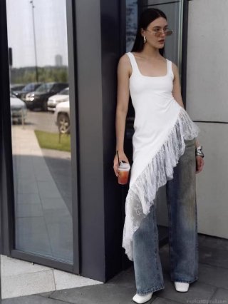 Sexy Women Lace Patchwork Tank Top Slim Fit Sleeveless Asymmetrical Hem Cotton Blend Top For Summer Daily Party Streetwear Fashion Streamers