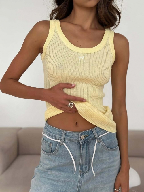 Women Ribbed Knit Tank Top With Bow Embroidery Summer Slim Fit Sleeveless Crop Top Cotton Blend Sexy Y2K Style Casual Vest For Ladies