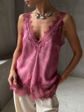 Women's Vintage Lace V-Neck Tank Top Sleeveless Satin Splicing Camisole Summer Sexy Slim Fit Cotton Blend Clubwear Daily Party Top