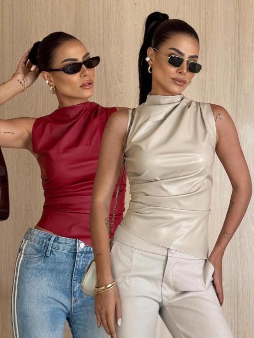 Women's Sexy Faux Leather Sleeveless Top Mock Neck Slim Fit Ruched PU Leather Vest Streetwear Solid Color Asymmetric Tank Top For Women