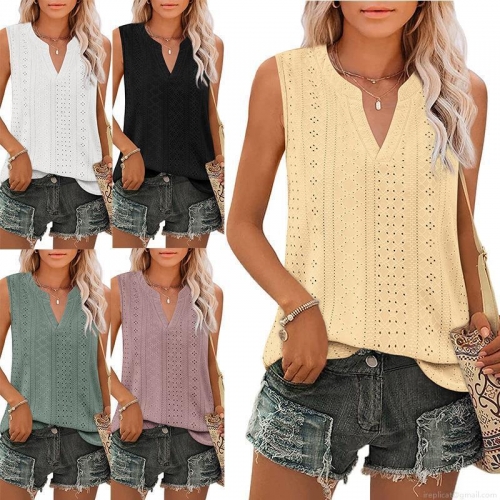 Women Sleeveless V Neck Tank Top 95% Polyester 5% Spandex Hollow Out Eyelet Embroidery Summer Casual Loose Vest For Women