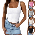 Women's Ribbed Tank Top Rib-Knit Rayon Elastane Slim Fit Sleeveless U-Neck Short Crop Top For Summer Casual Streetwear Sexy Party Girls