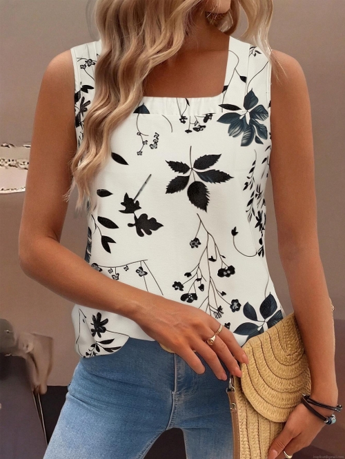 Women's Casual Sleeveless Tank Top Polyester Plant Floral Print Square Neck Summer Beach Fashion Vest Top