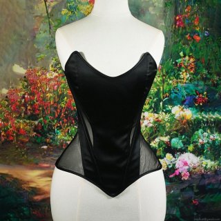 Sexy Women Black Satin Mesh Patchwork Corset Top Fishbone Bustier Back Lace Up Cropped Tank Top For Night Club Party Streetwear