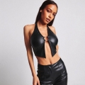 Sexy Halter Neck PU Leather Tank Top With Metal Ring Hollow Out Backless Crop Top Slim Fit Faux Leather Sleeveless Shirt For Women Club Party Streetwear